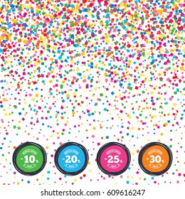 Web buttons on background of confetti. Sale discount icons. Special offer stamp price signs. 10, 20, 25 and 30 percent off reduction symbols. Bright stylish design. Vector