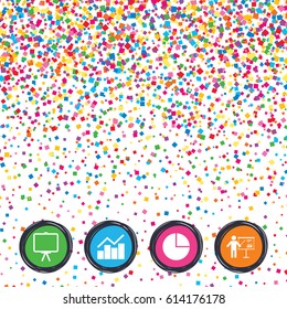 Web buttons on background of confetti. Diagram graph Pie chart icon. Presentation billboard symbol. Man standing with pointer sign. Bright stylish design. Vector