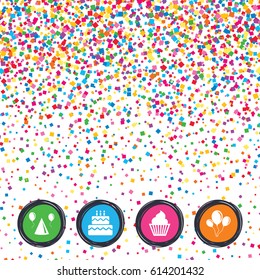 Web buttons on background of confetti. Birthday party icons. Cake, balloon, hat and muffin signs. Celebration symbol. Cupcake sweet food. Bright stylish design. Vector
