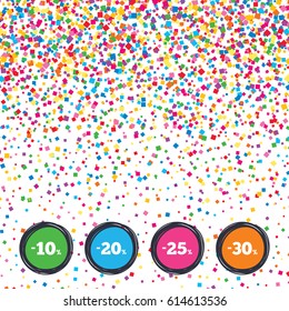 Web buttons on background of confetti. Sale discount icons. Special offer price signs. 10, 20, 25 and 30 percent off reduction symbols. Bright stylish design. Vector