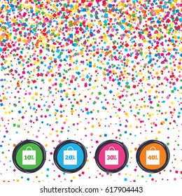 Web buttons on background of confetti. Sale bag tag icons. Discount special offer symbols. 10%, 20%, 30% and 40% percent discount signs. Bright stylish design. Vector
