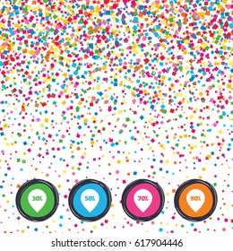 Web buttons on background of confetti. Sale pointer tag icons. Discount special offer symbols. 30%, 50%, 70% and 90% percent discount signs. Bright stylish design. Vector