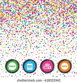 Web buttons on background of confetti. Sale speech bubble icon. Buy cart symbol. New star circle sign. Big sale shopping bag. Bright stylish design. Vector