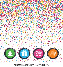 Web buttons on background of confetti. Happy new year icon. Christmas tree and gift box signs. Fireworks rocket symbol. 
