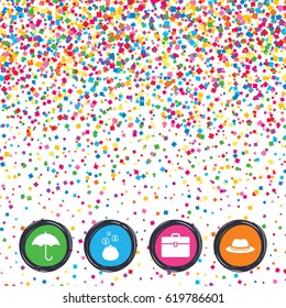 Web buttons on background of confetti. Clothing accessories icons. Umbrella and headdress hat signs. Wallet with cash coins, business case symbols. Bright stylish design. Vector