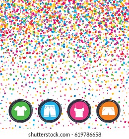 Web buttons on background of confetti. Clothes icons. T-shirt and bermuda shorts signs. Swimming trunks symbol. Bright stylish design. Vector