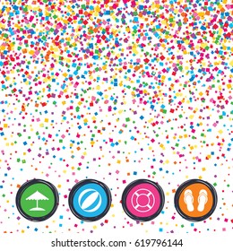 Web buttons on background of confetti. Beach holidays icons. Ball, umbrella and flip-flops sandals signs. Lifebuoy symbol. Bright stylish design. Vector