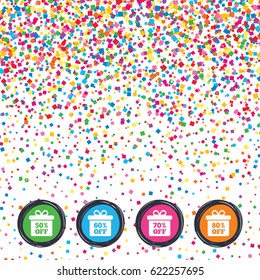 Web buttons on background of confetti. Sale gift box tag icons. Discount special offer symbols. 50%, 60%, 70% and 80% percent off signs. Bright stylish design. Vector
