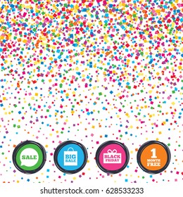 Web buttons on background of confetti. Sale speech bubble icon. Black friday gift box symbol. Big sale shopping bag. First month free sign. Bright stylish design. Vector