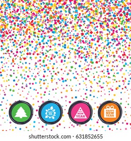Web buttons on background of confetti. Happy new year icon. Christmas trees signs. World globe symbol. Bright stylish design. Vector