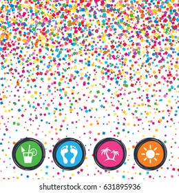 Web buttons on background of confetti. Beach holidays icons. Cocktail, human footprints and palm trees signs. Summer sun symbol. Bright stylish design. Vector