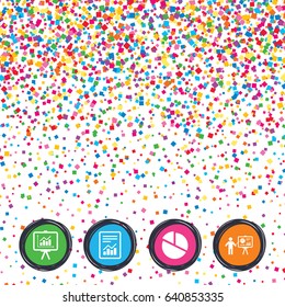 Web buttons on background of confetti. File document with diagram. Pie chart icon. Presentation billboard symbol. Supply and demand. Bright stylish design. Vector
