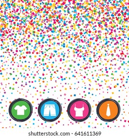 Web buttons on background of confetti. Clothes icons. T-shirt and bermuda shorts signs. Business tie symbol. Bright stylish design. Vector