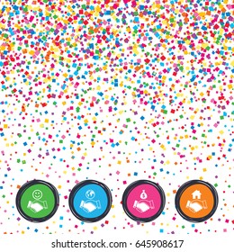 Web buttons on background of confetti. Handshake icons. World, Smile happy face and house building symbol. Dollar cash money bag. Amicable agreement. Bright stylish design. Vector