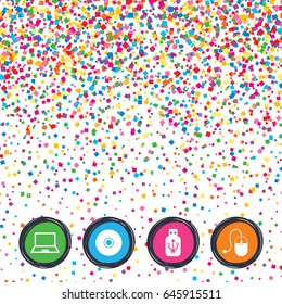 Web buttons on background of confetti. Notebook pc and Usb flash drive stick icons. Computer mouse and CD or DVD sign symbols. Bright stylish design. Vector