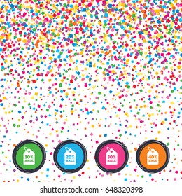Web buttons on background of confetti. Sale price tag icons. Discount special offer symbols. 10%, 20%, 30% and 40% percent sale signs. Bright stylish design. Vector