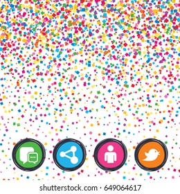 Web buttons on background of confetti. Social media icons. Chat speech bubble and Share link symbols. Bird sign. Human person profile. Bright stylish design. Vector