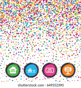 Web buttons on background of confetti. For sale icons. Real estate selling signs. Home house symbol. Bright stylish design. Vector