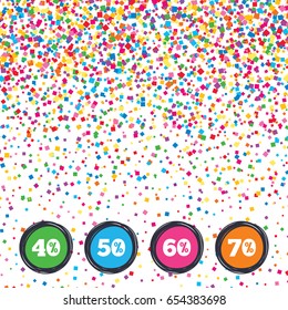 Web buttons on background of confetti. Sale discount icons. Special offer price signs. 40, 50, 60 and 70 percent off reduction symbols. Bright stylish design. Vector