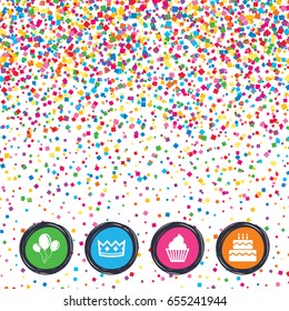 Web buttons on background of confetti. Birthday crown party icons. Cake and cupcake signs. Air balloons with rope symbol. Bright stylish design. Vector