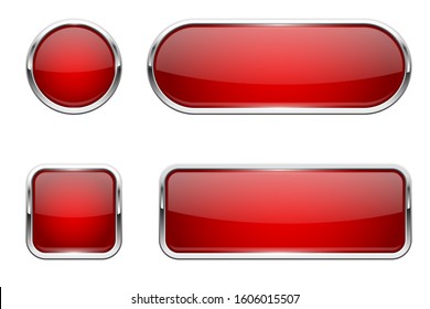 Web buttons. Red shiny icons with chrome frame. Vector 3d illustration isolated on white background