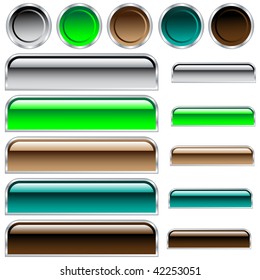Web buttons, scaleable shiny rounded rectangles and circles in assorted colors. Raster also available.