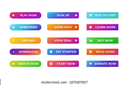 Web buttons set. Abstract gradient website action buttons vivid colors isolated white background. Vector illustration