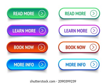 Web Buttons set. Read Learn more Book now and More Info. Vector EPS 10