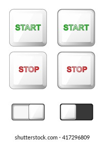 web buttons set. Vector. White plastic round solid buttons. icons for internet: start, stop, slide button slider bar . Pressed buttons. graphic illustraion isolated