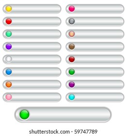 Web buttons silver with bright assorted colored round glossy inserts. Scalable. Isolated on white. Raster also available.