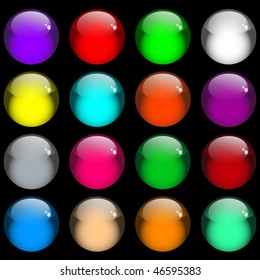Web buttons. Sixteen shiny gel buttons in assorted colors. Isolated on black. Raster also available.