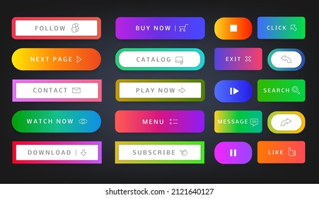 web buttons. User interface web dashboard and application interaction banners with call now, read more, download text. Vector game menu button set
