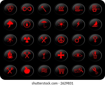 web buttons, with various signs and symbols on them,black and red color scheme