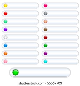 Web buttons white and shiny with bright assorted colored round glossy inserts. Scalable. Isolated on white. Raster also available.