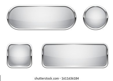 Web buttons. White shiny icons with chrome frame. Vector 3d illustration isolated on white background