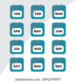 Web calendar 12 month icon set. Flat design of calendar month icon set. Vector Illustration.