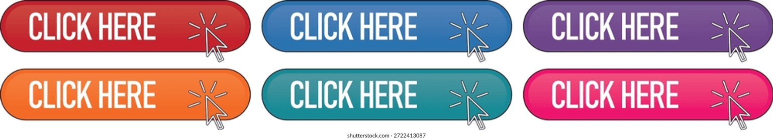 Web Llamada a la Acción Hacer clic Aquí Botón Set con Iconos de Hacer clic de Cursor de Ratón