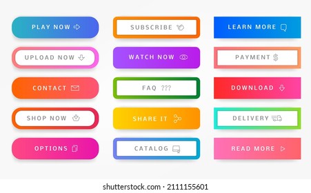 Web call button. Modern UI gradient interaction buttons, website and application interface banners with download, upload, buy now, log in, submit text. Vector set