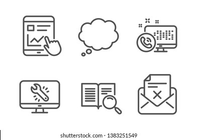 Web call, Comic message and Internet report icons simple set. Search text, Monitor repair and Reject letter signs. Phone support, Speech bubble. Technology set. Line web call icon. Editable stroke