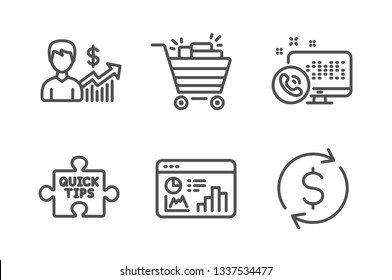 Web call, Seo statistics and Quick tips icons simple set. Shopping cart, Business growth and Dollar exchange signs. Phone support, Analytics chart. Business set. Line web call icon. Editable stroke