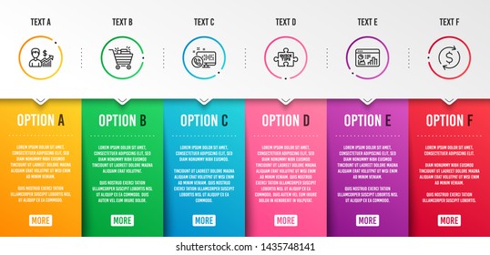 Web call, Seo statistics and Quick tips icons simple set. Shopping cart, Business growth and Dollar exchange signs. Phone support, Analytics chart. Business set. Infographic template. 6 steps timeline