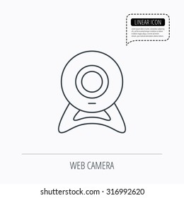 Web cam icon. Video camera sign. Online communication symbol. Linear outline icon. Speech bubble of dotted line. Vector