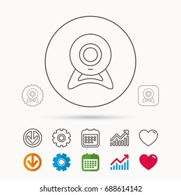 Web cam icon. Video camera sign. Online communication symbol. Calendar, Graph chart and Cogwheel signs. Download and Heart love linear web icons. Vector
