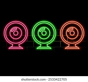 Web Cam neon icon. Education neon icon on dark brick wall background.pink.ep