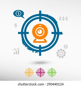 Web cam sign icon on target icons background. Flat illustration.