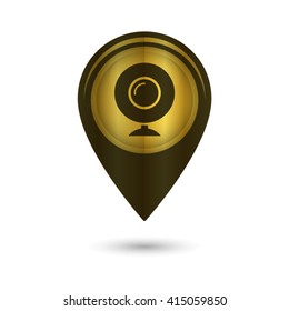 web camera - black vector icon; golden  map pointer