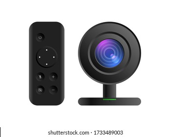 Web camera for computer and notebook, on white background. ip camera with remote control. Technology for video chat. Security camera isolated. Vector template EPS 10.