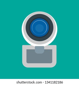 Web camera front view vector icon digital technology equipment video. Cam lens device conference network chat