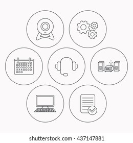 Web camera, headphones and computer icons. Music center linear sign. Check file, calendar and cogwheel icons. Vector