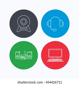Web camera, headphones and computer icons. Music center linear sign. Linear icons on colored buttons. Flat web symbols. Vector